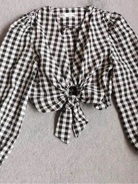 Zara Black and White Gingham Tie-Front Crop Top